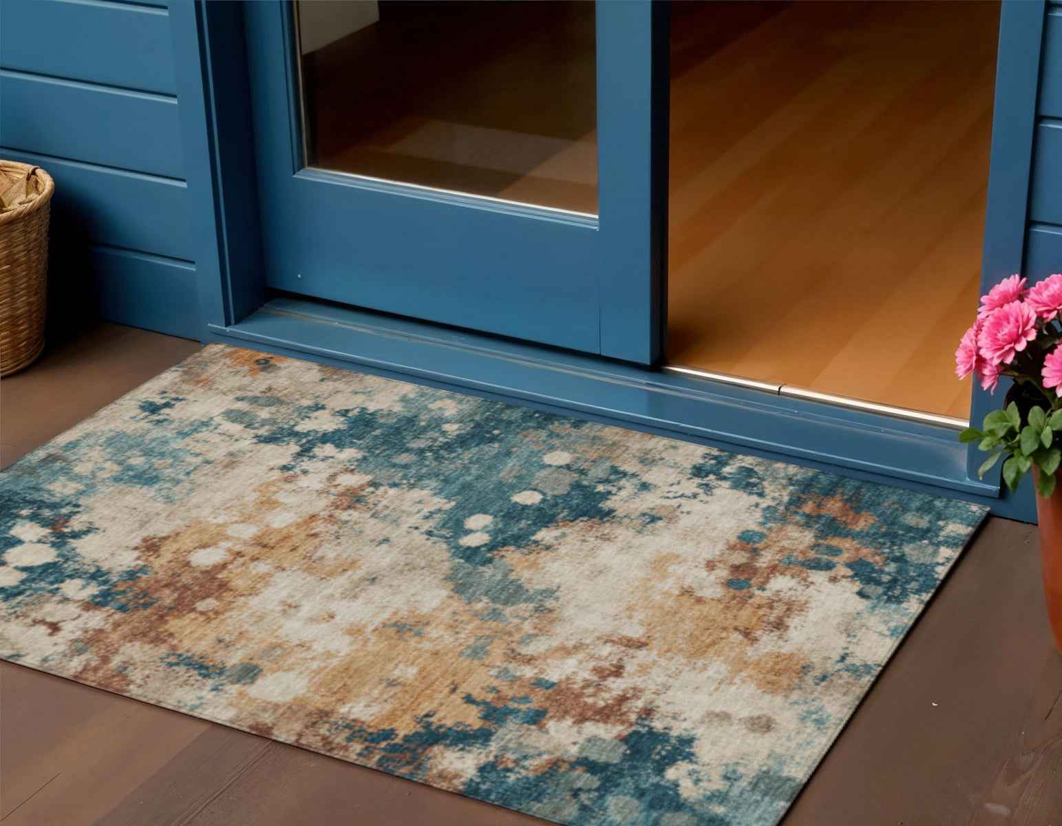 3' X 5' Beige And Teal Blue Abstract Washable Indoor Outdoor Area Rug