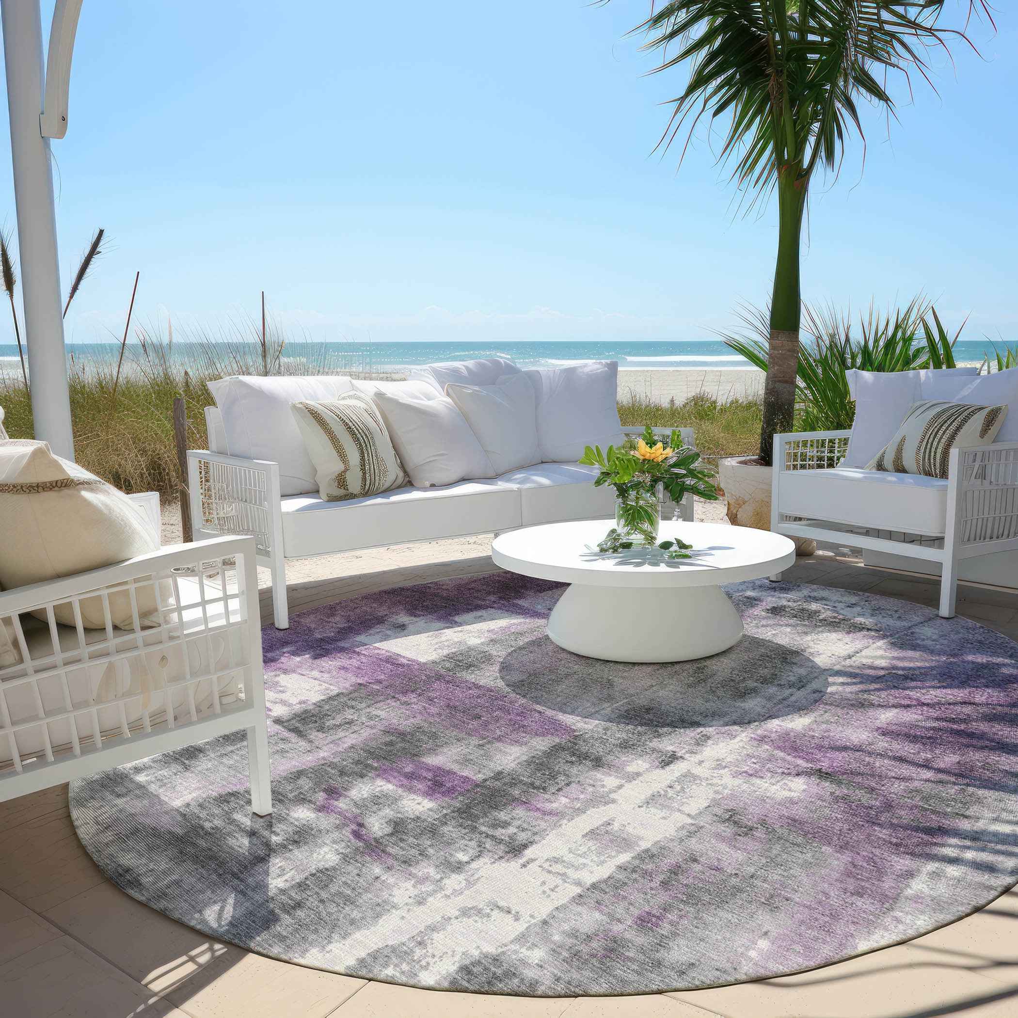 8' Purple And Ivory Round Abstract Washable Indoor Outdoor Area Rug