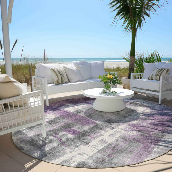 8' Purple And Ivory Round Abstract Washable Indoor Outdoor Area Rug