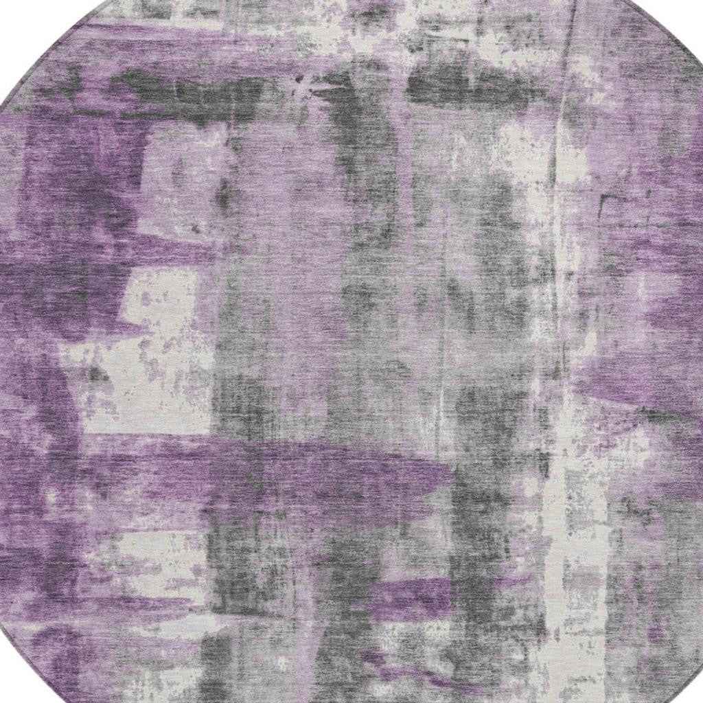 8' Purple And Ivory Round Abstract Washable Indoor Outdoor Area Rug
