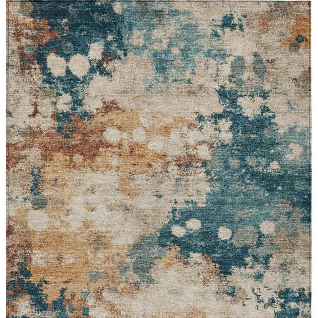 3' X 5' Beige And Teal Blue Abstract Washable Indoor Outdoor Area Rug