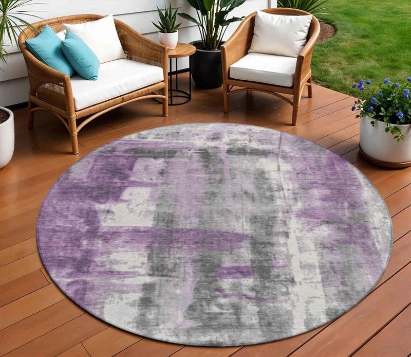 8' Purple And Ivory Round Abstract Washable Indoor Outdoor Area Rug