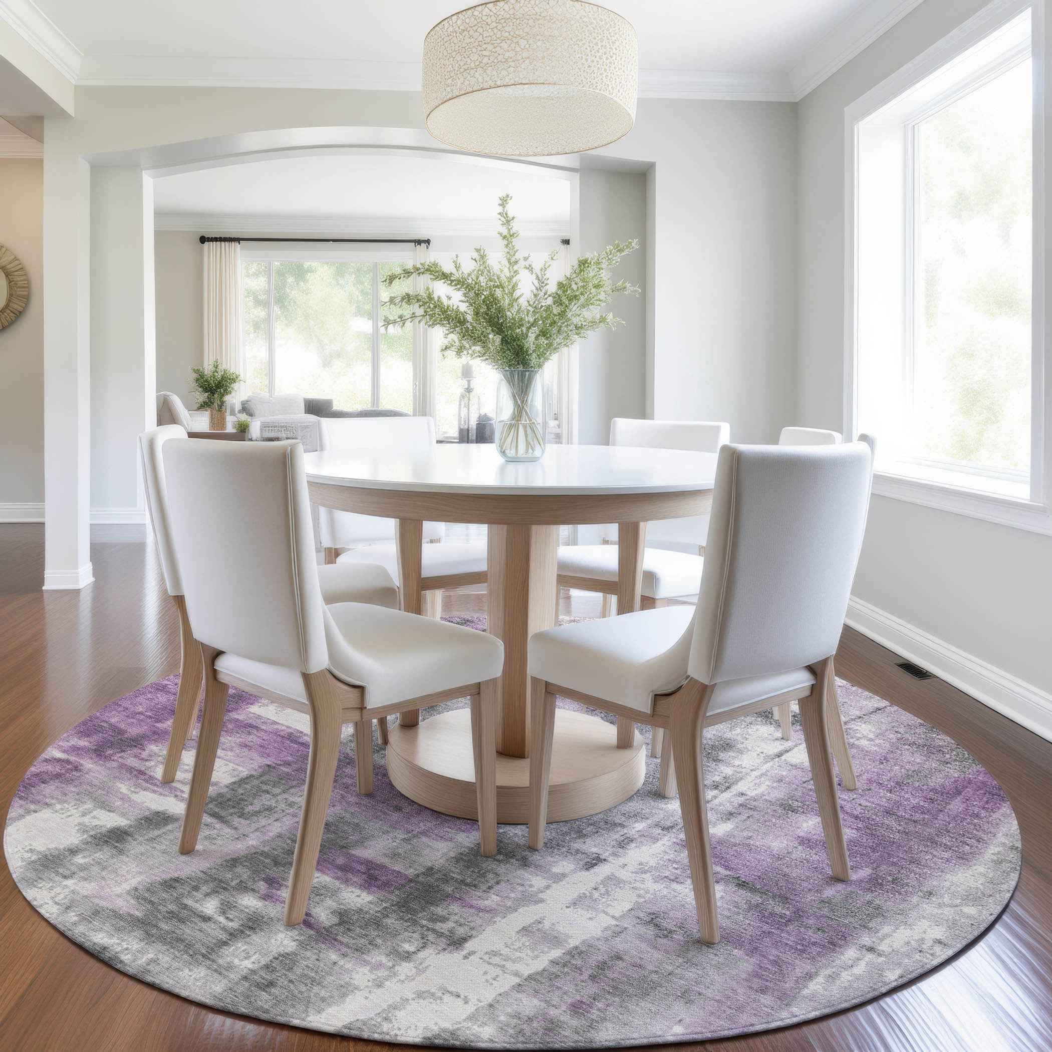 8' Purple And Ivory Round Abstract Washable Indoor Outdoor Area Rug