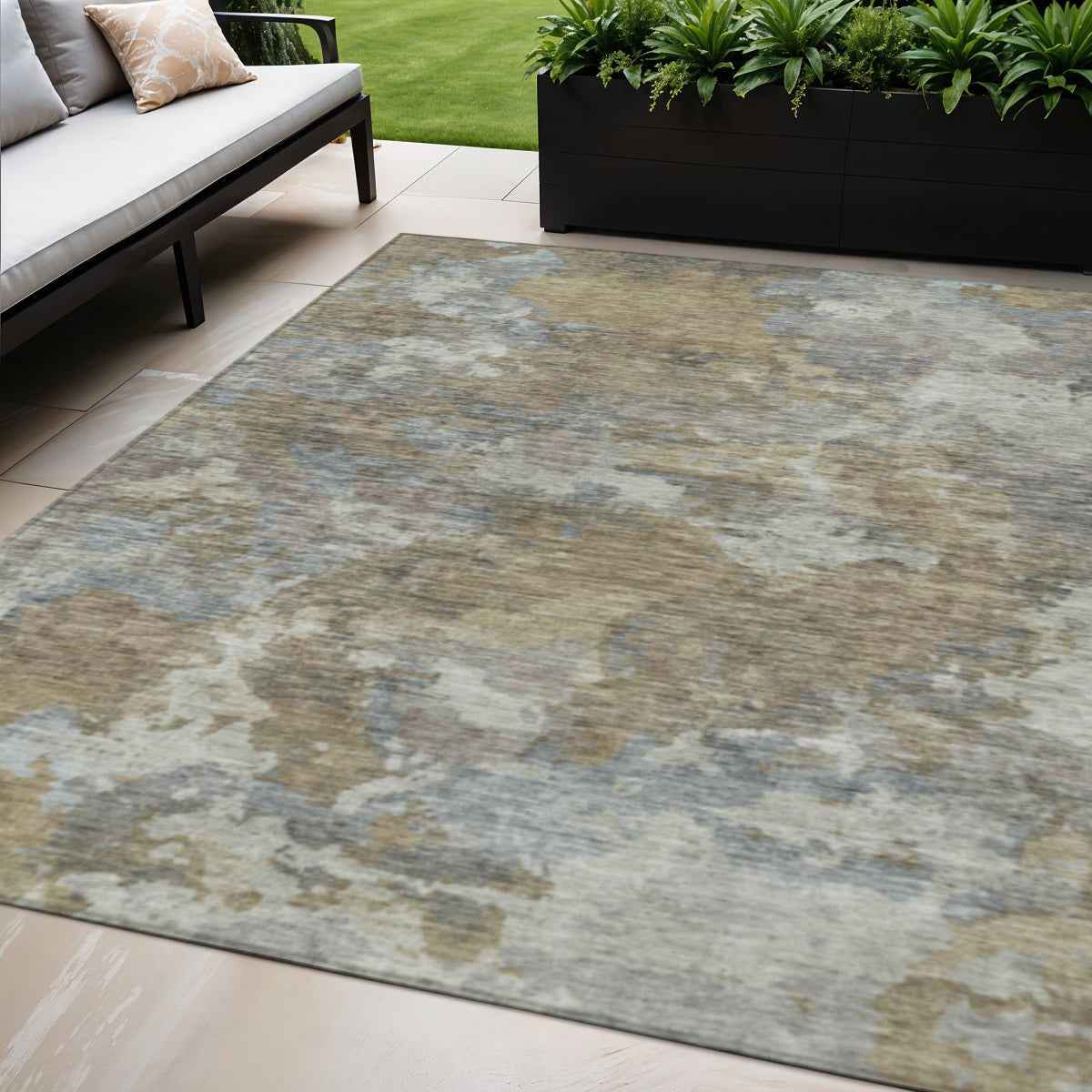 5' X 8' Gold And Ivory Abstract Washable Indoor Outdoor Area Rug