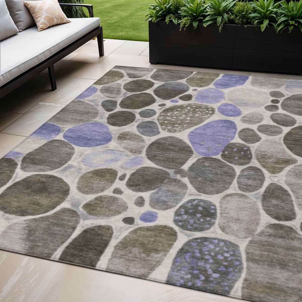5' X 8' Chocolate Ivory And Purple Geometric Washable Indoor Outdoor Area Rug