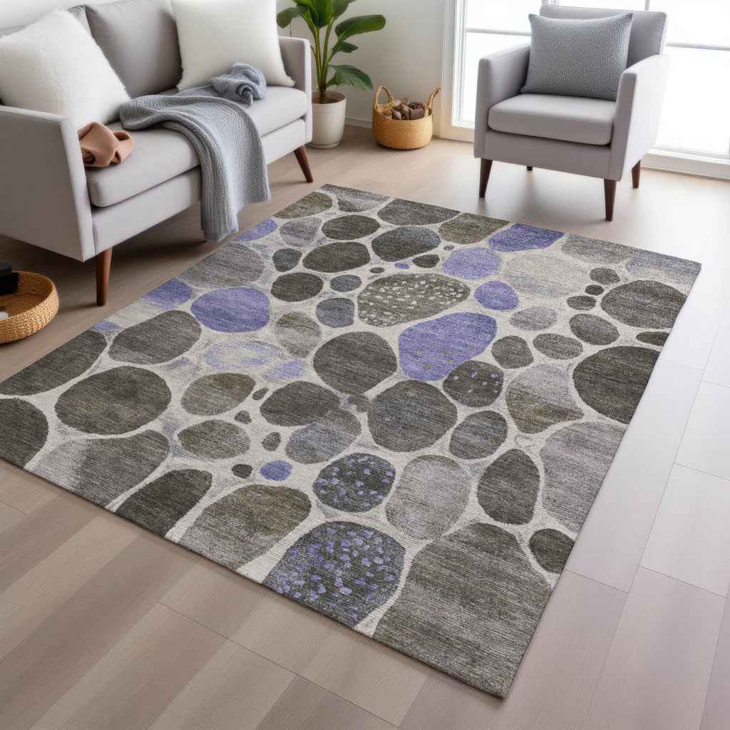 5' X 8' Chocolate Ivory And Purple Geometric Washable Indoor Outdoor Area Rug