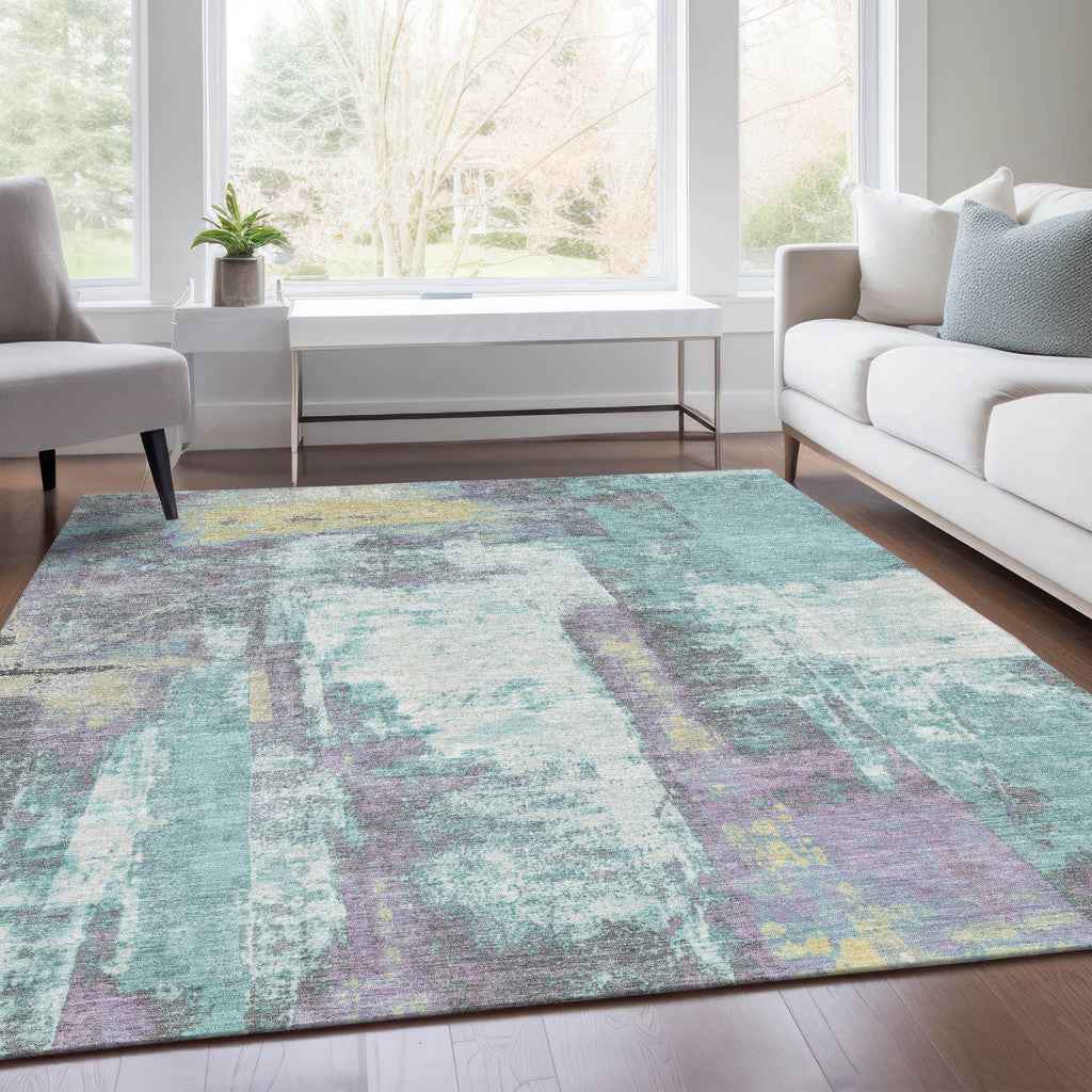 10' X 14' Teal Blue And Ivory Abstract Washable Indoor Outdoor Area Rug