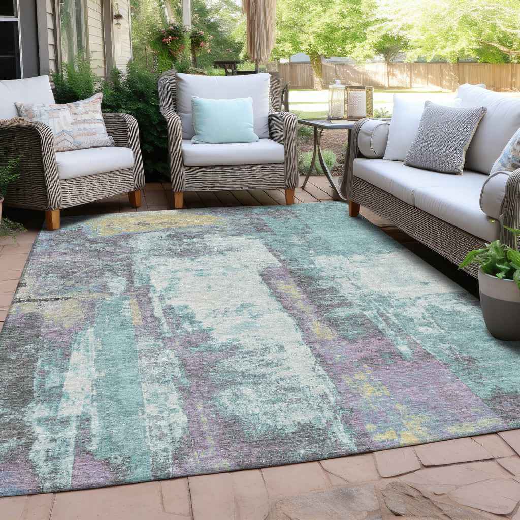10' X 14' Teal Blue And Ivory Abstract Washable Indoor Outdoor Area Rug