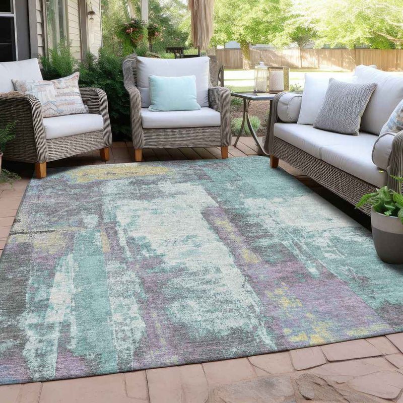 10' X 14' Teal Blue And Ivory Abstract Washable Indoor Outdoor Area Rug
