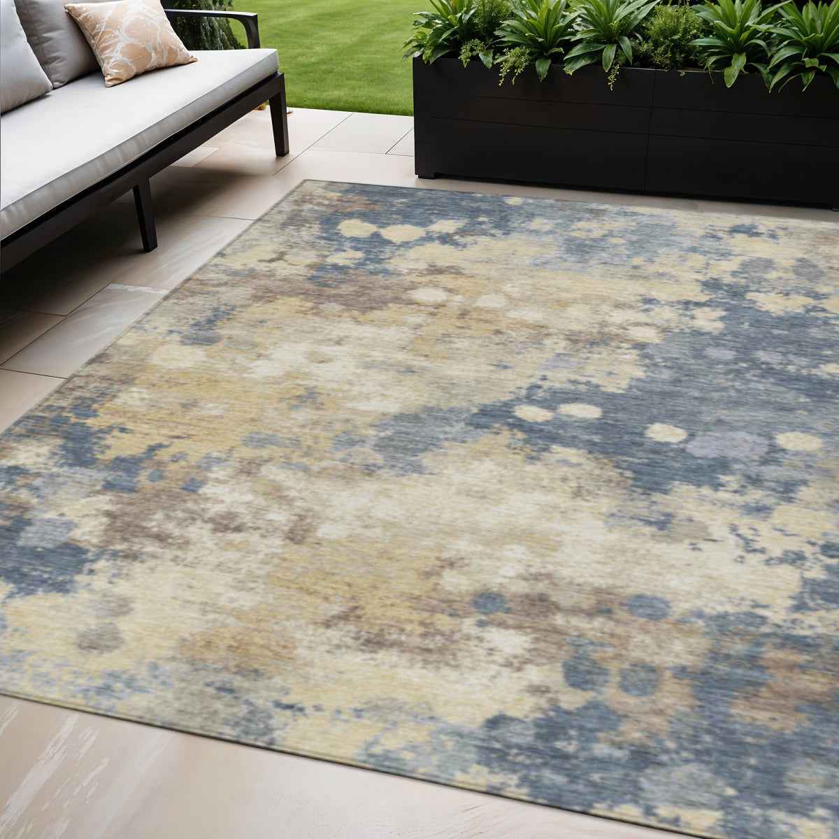 5' X 8' Gold And Beige Abstract Washable Indoor Outdoor Area Rug