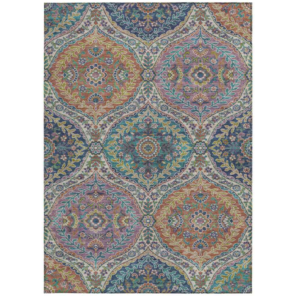 9' X 12' Blue Copper And Gold Floral Washable Indoor Outdoor Area Rug