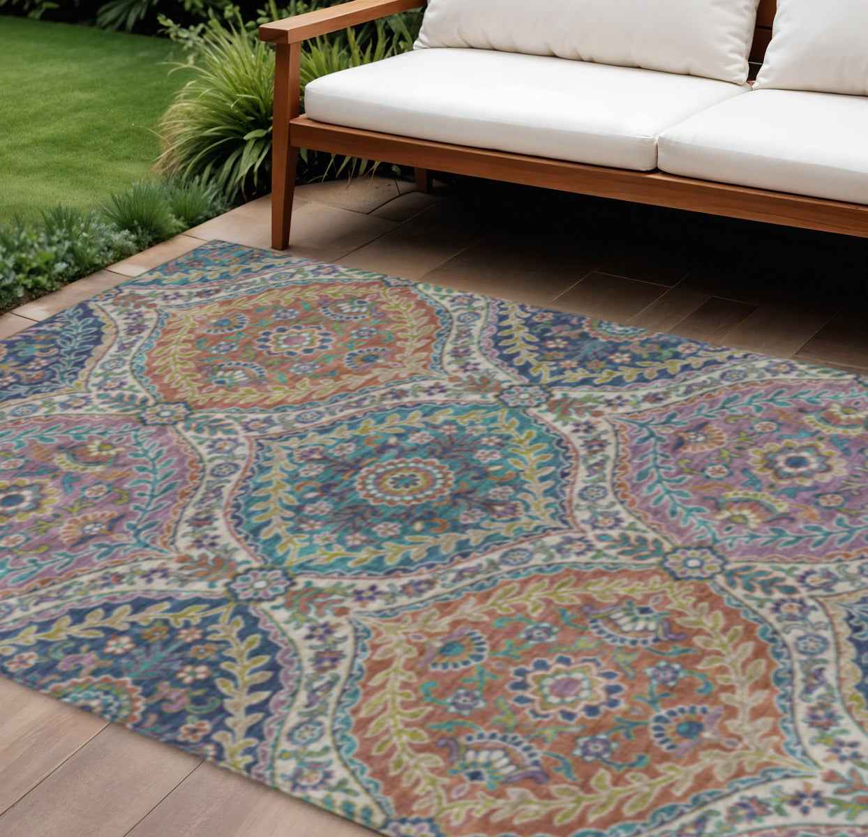 9' X 12' Blue Copper And Gold Floral Washable Indoor Outdoor Area Rug