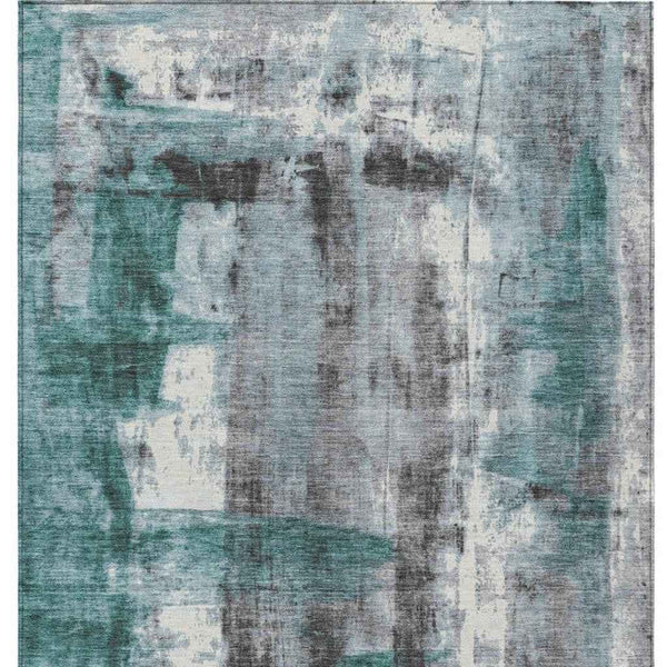 10' X 14' Teal Blue And Ivory Abstract Washable Indoor Outdoor Area Rug