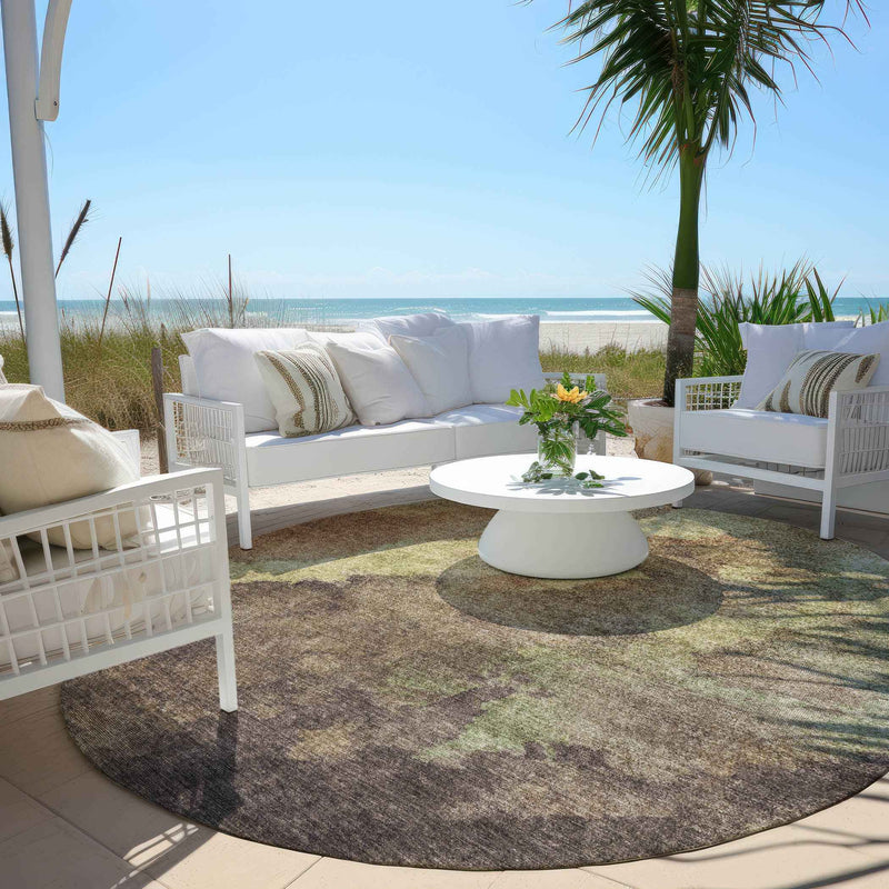 8' Brown And Fern Green Round Abstract Washable Indoor Outdoor Area Rug