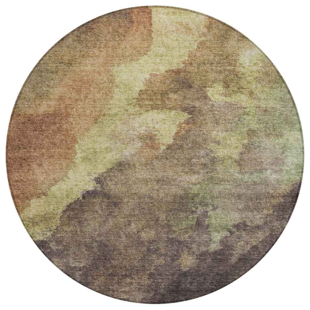 8' Brown And Fern Green Round Abstract Washable Indoor Outdoor Area Rug