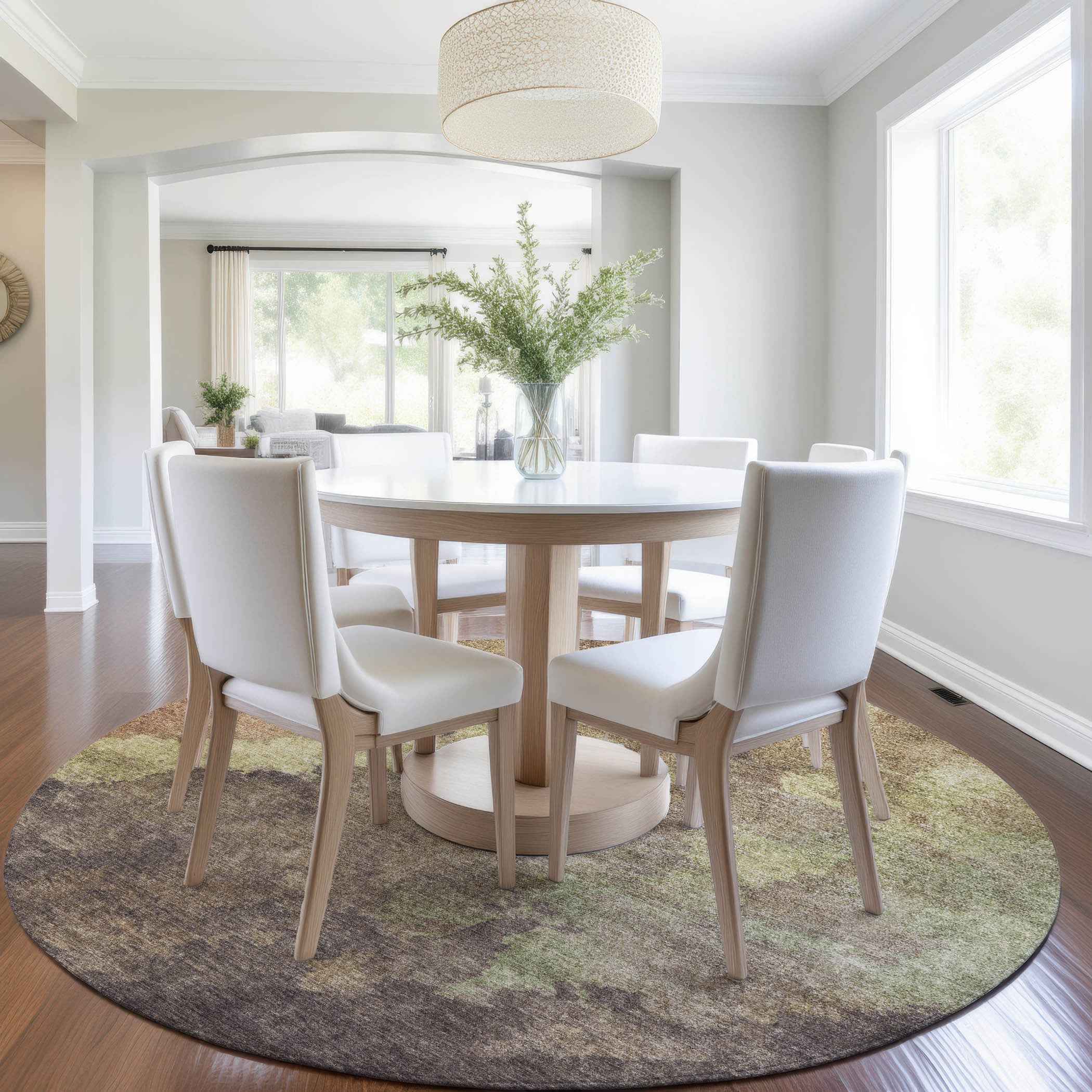 8' Brown And Fern Green Round Abstract Washable Indoor Outdoor Area Rug