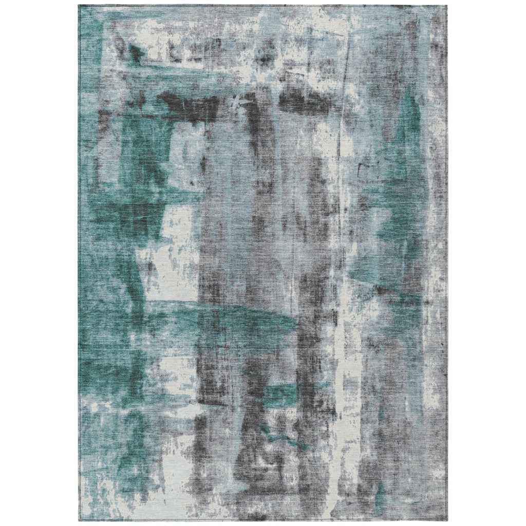 9' X 12' Teal Blue And Ivory Abstract Washable Indoor Outdoor Area Rug
