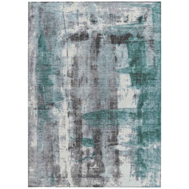 9' X 12' Teal Blue And Ivory Abstract Washable Indoor Outdoor Area Rug