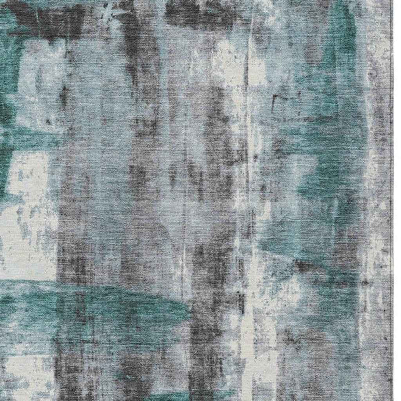 9' X 12' Teal Blue And Ivory Abstract Washable Indoor Outdoor Area Rug