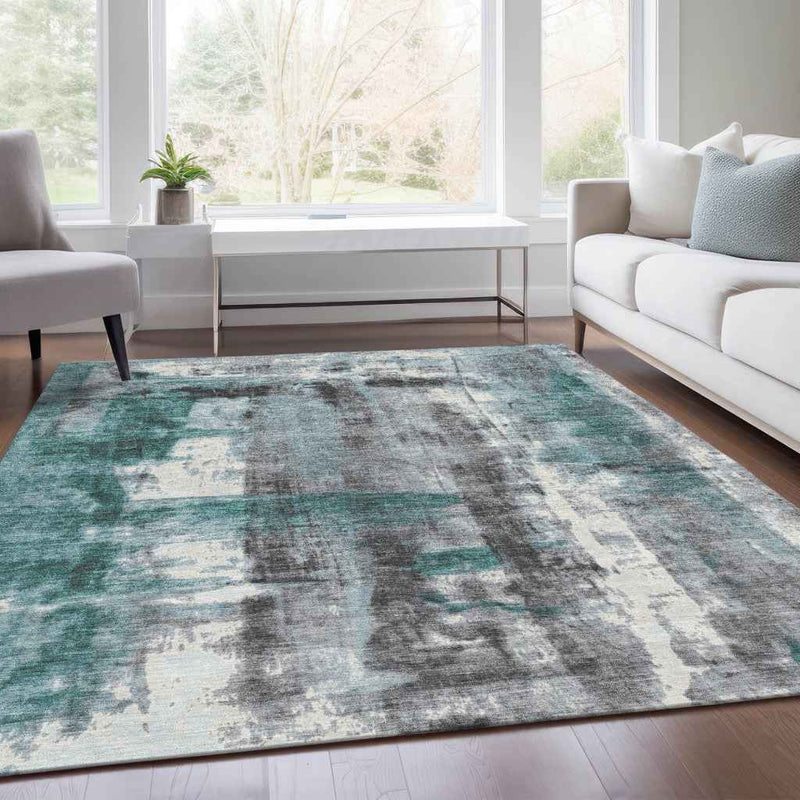 9' X 12' Teal Blue And Ivory Abstract Washable Indoor Outdoor Area Rug
