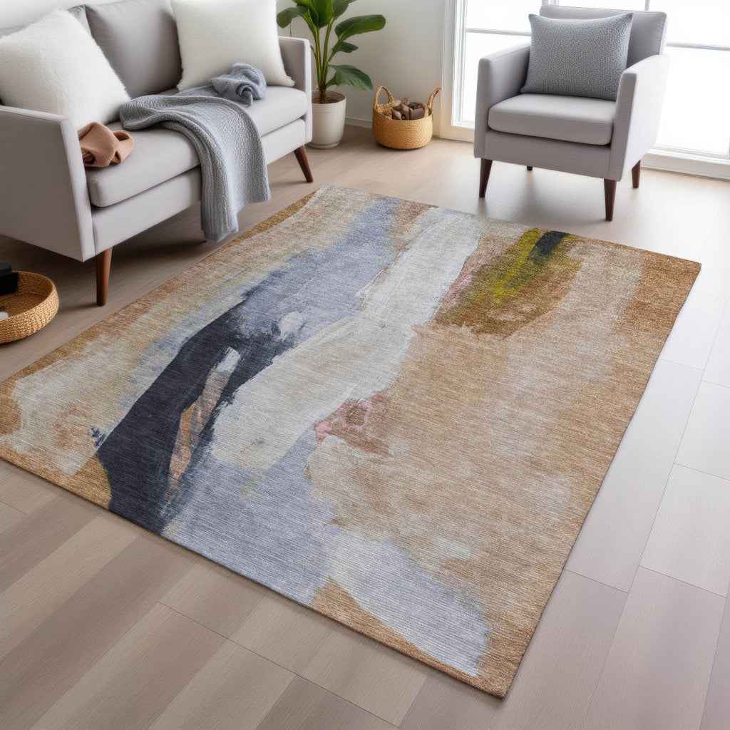 10' X 14' Beige And Navy Blue Abstract Washable Indoor Outdoor Area Rug