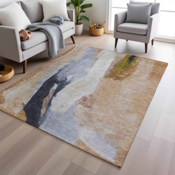 10' X 14' Beige And Navy Blue Abstract Washable Indoor Outdoor Area Rug