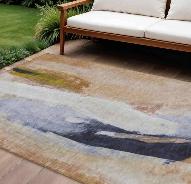 10' X 14' Beige And Navy Blue Abstract Washable Indoor Outdoor Area Rug
