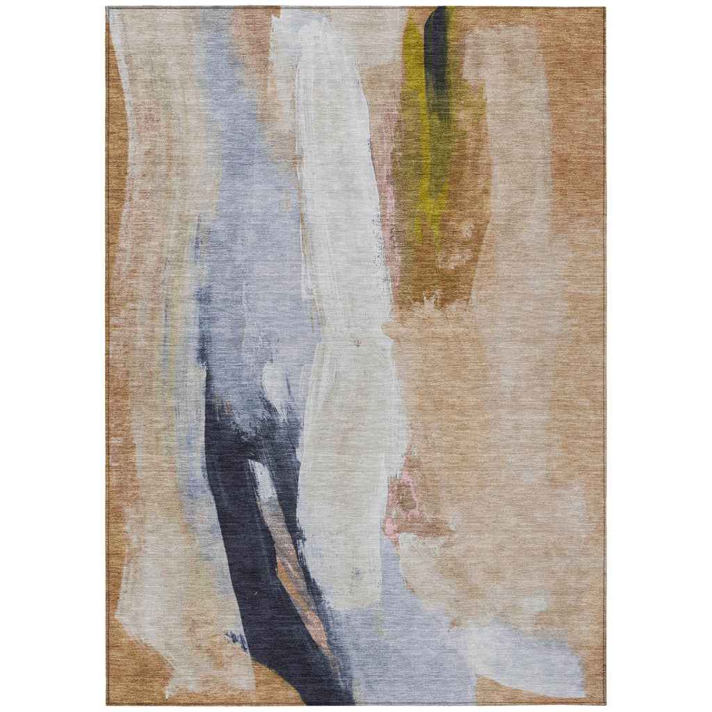 10' X 14' Beige And Navy Blue Abstract Washable Indoor Outdoor Area Rug