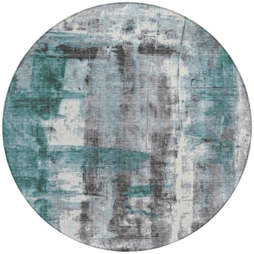 8' Teal Blue And Ivory Round Abstract Washable Indoor Outdoor Area Rug