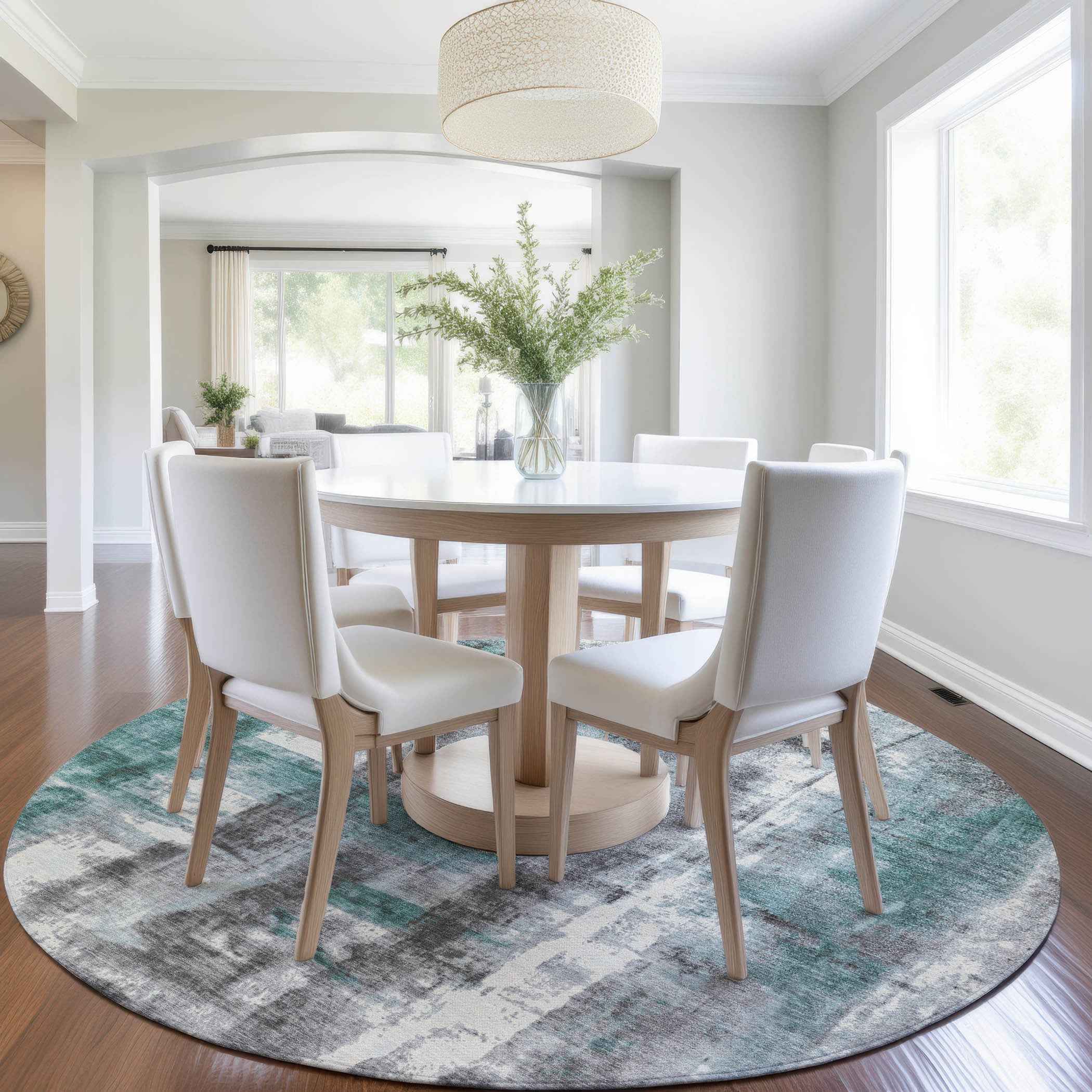 8' Teal Blue And Ivory Round Abstract Washable Indoor Outdoor Area Rug