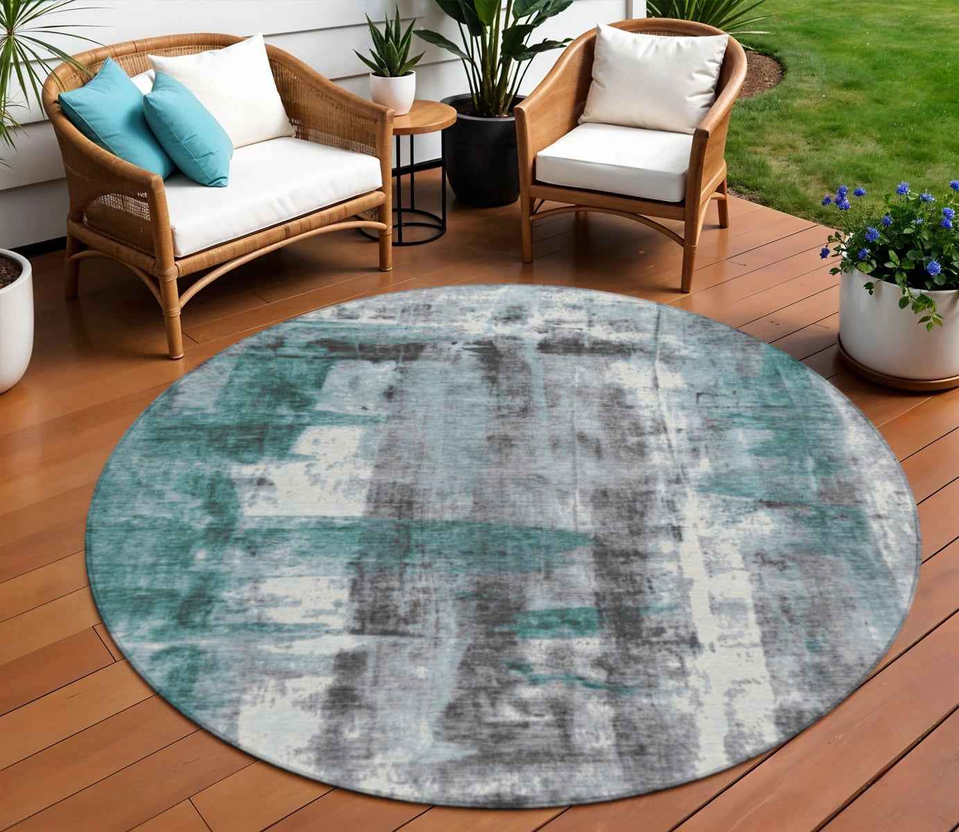 8' Teal Blue And Ivory Round Abstract Washable Indoor Outdoor Area Rug