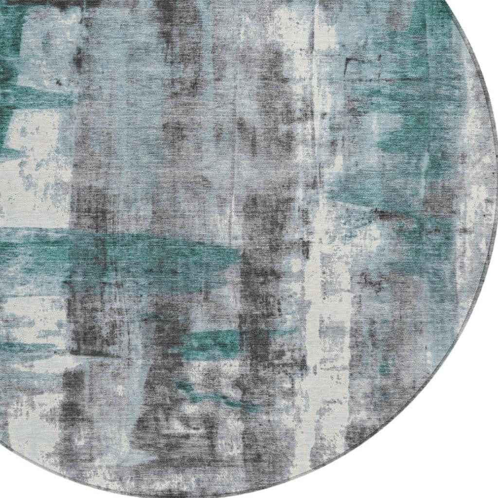 8' Teal Blue And Ivory Round Abstract Washable Indoor Outdoor Area Rug