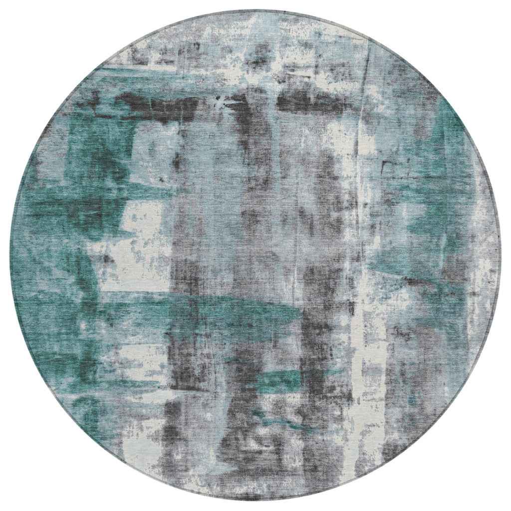 8' Teal Blue And Ivory Round Abstract Washable Indoor Outdoor Area Rug