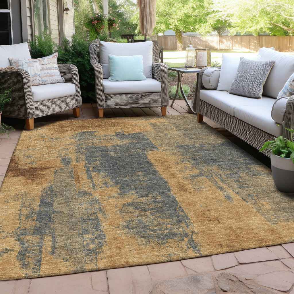 3' X 5' Gold And Charcoal Abstract Washable Indoor Outdoor Area Rug