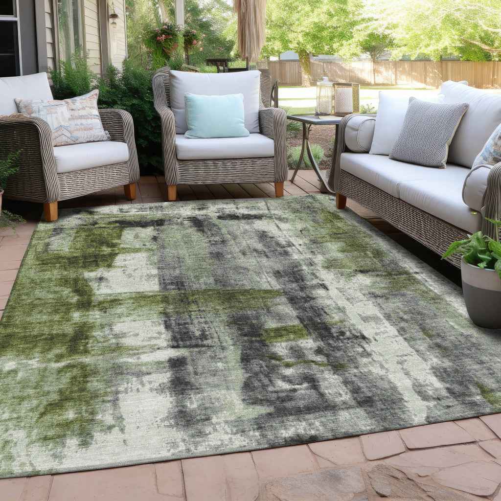 5' X 8' Olive Green And Ivory Abstract Washable Indoor Outdoor Area Rug