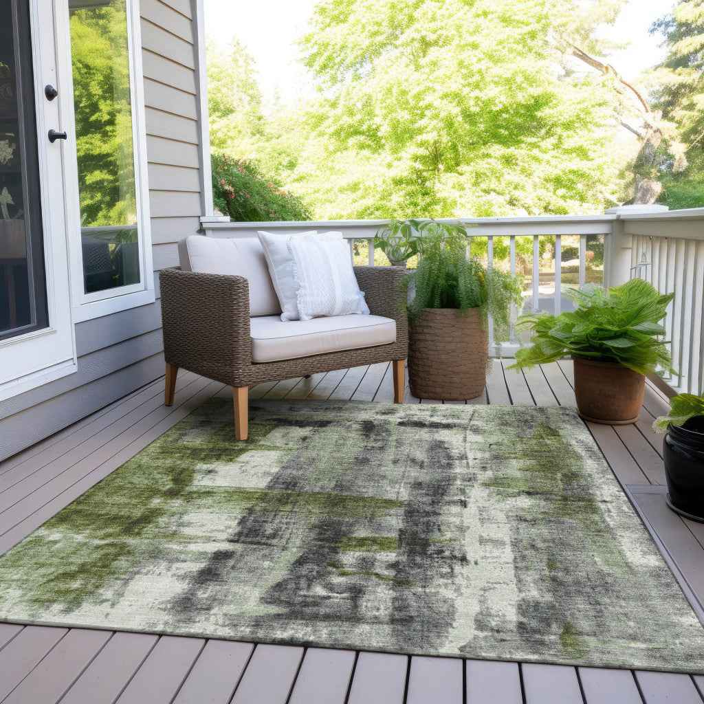 5' X 8' Olive Green And Ivory Abstract Washable Indoor Outdoor Area Rug