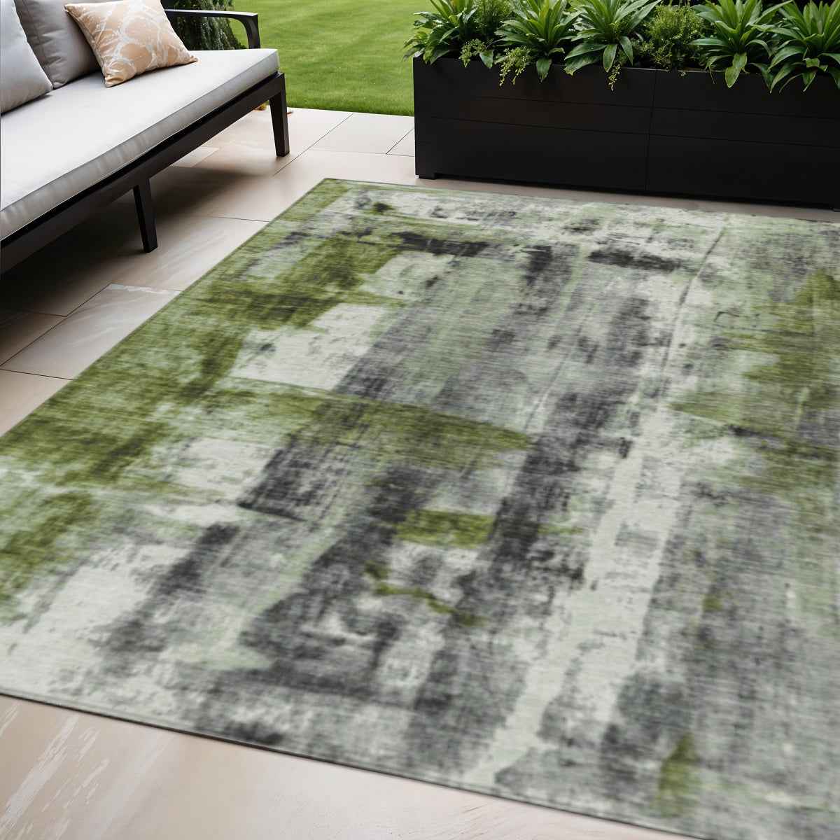 5' X 8' Olive Green And Ivory Abstract Washable Indoor Outdoor Area Rug