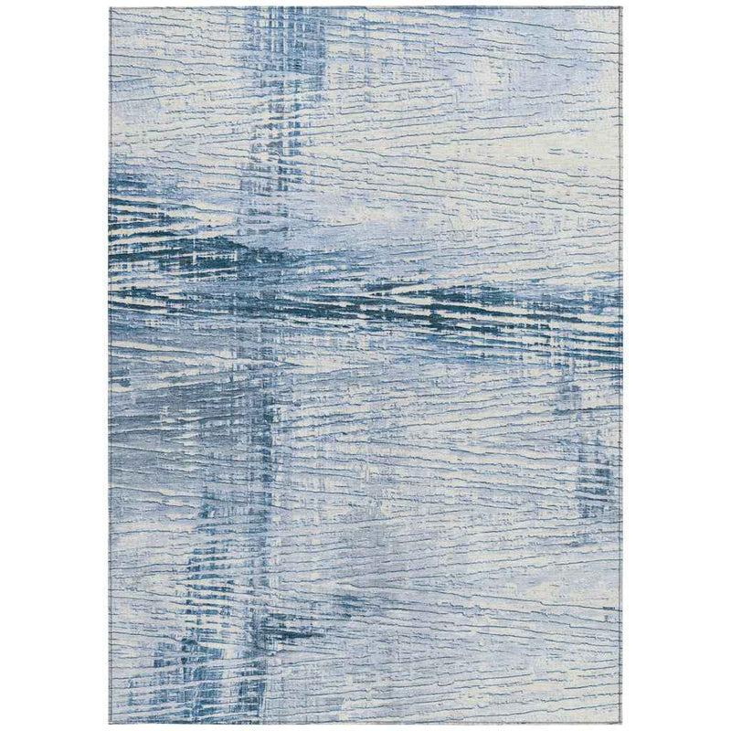 9' X 12' Sky Blue And Ivory Striped Washable Indoor Outdoor Area Rug