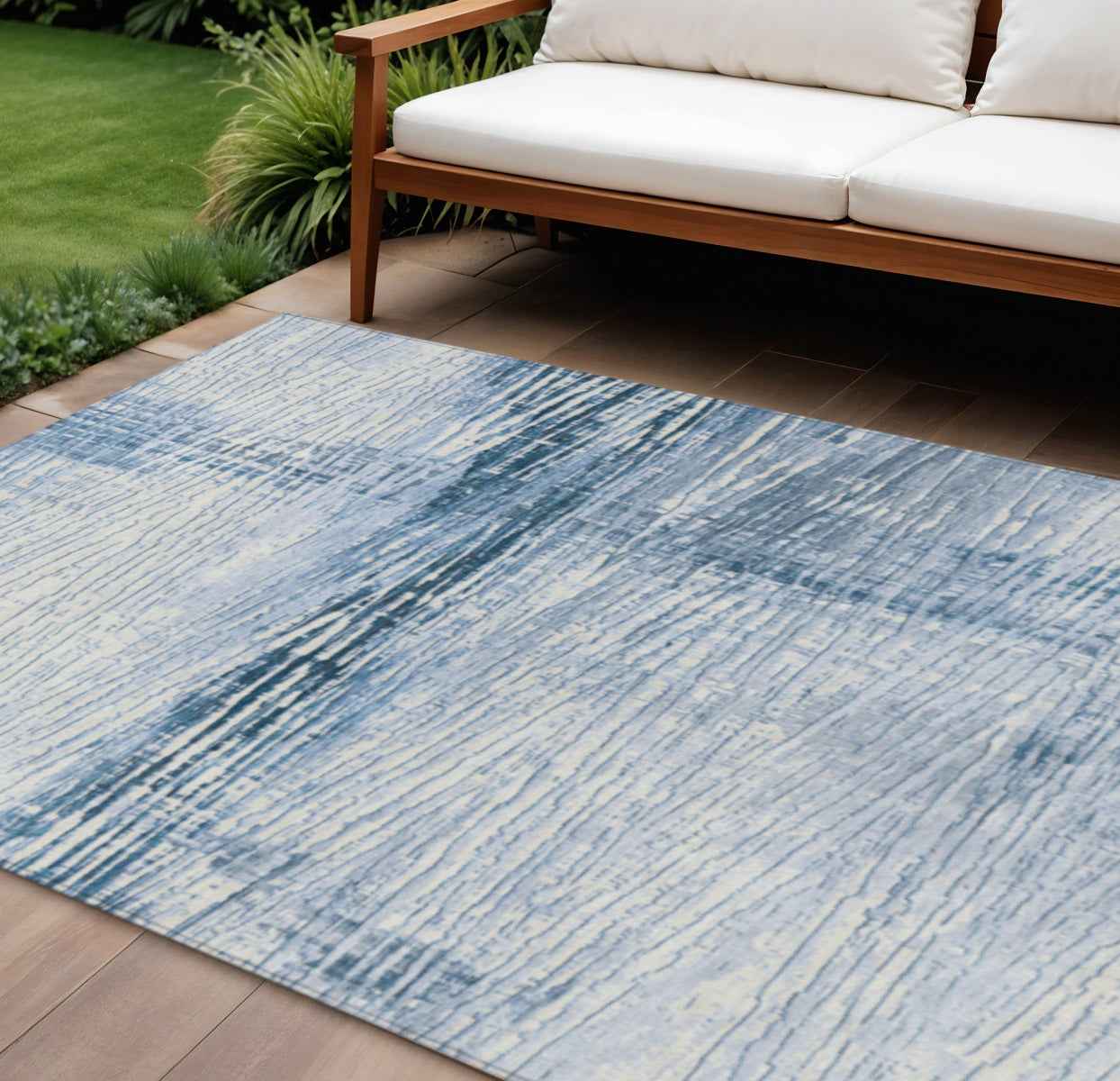 9' X 12' Sky Blue And Ivory Striped Washable Indoor Outdoor Area Rug