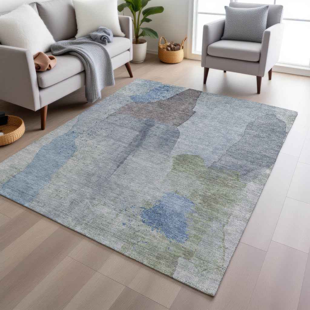 3' X 5' Denim Blue And Gray Abstract Washable Indoor Outdoor Area Rug