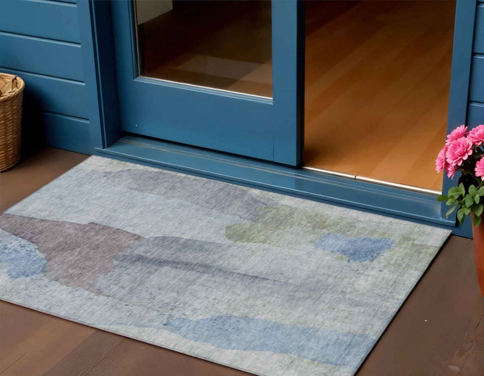 3' X 5' Denim Blue And Gray Abstract Washable Indoor Outdoor Area Rug