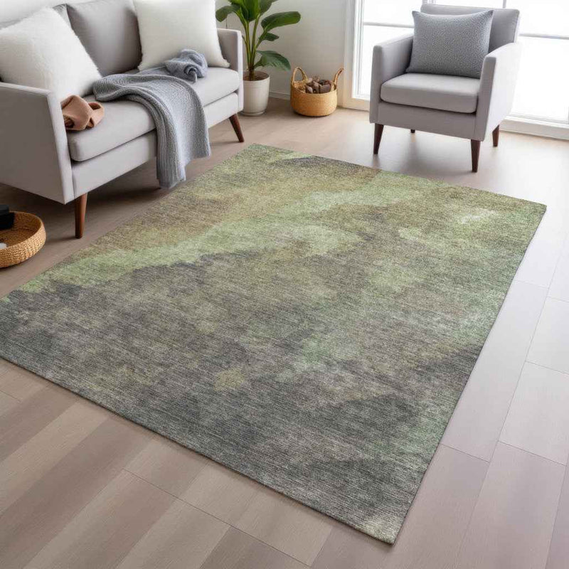 8' X 10' Artichoke Green And Taupe Abstract Washable Indoor Outdoor Area Rug