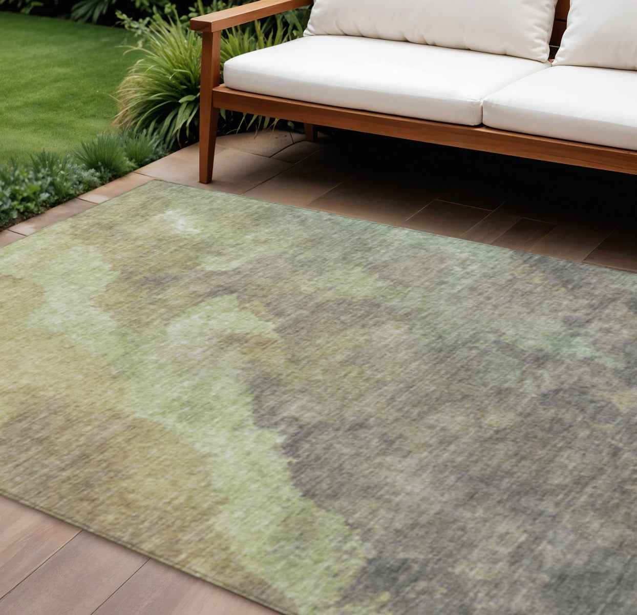 8' X 10' Artichoke Green And Taupe Abstract Washable Indoor Outdoor Area Rug