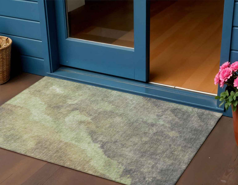 3' X 5' Artichoke Green And Taupe Abstract Washable Indoor Outdoor Area Rug