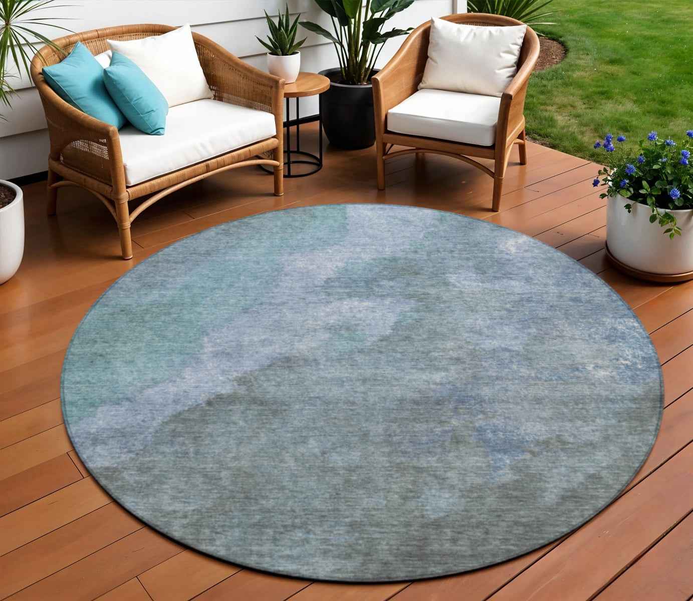 8' Blue And Gray Round Abstract Washable Indoor Outdoor Area Rug