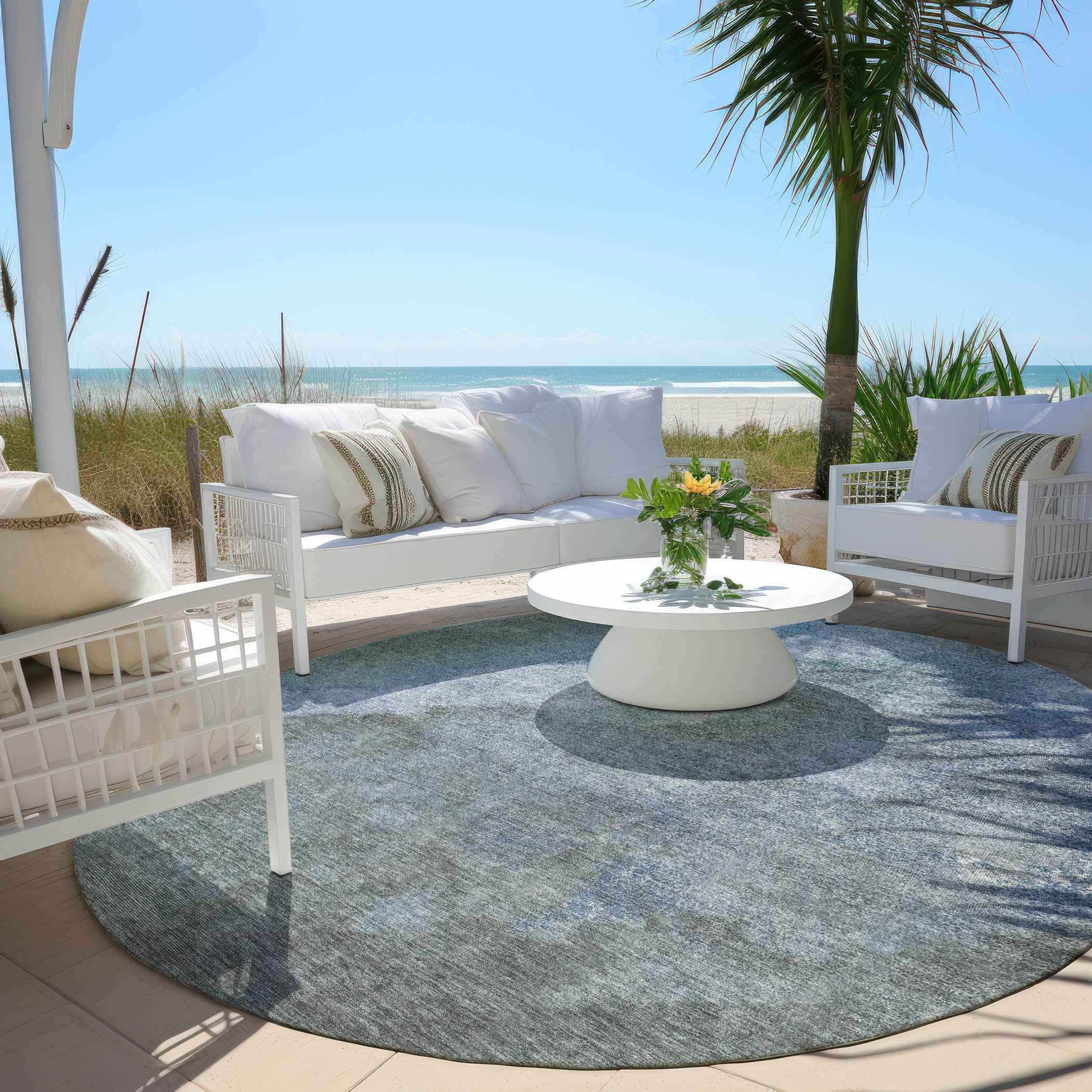 8' Blue And Gray Round Abstract Washable Indoor Outdoor Area Rug