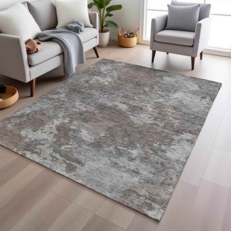 8' X 10' Brown And Ivory Abstract Washable Indoor Outdoor Area Rug