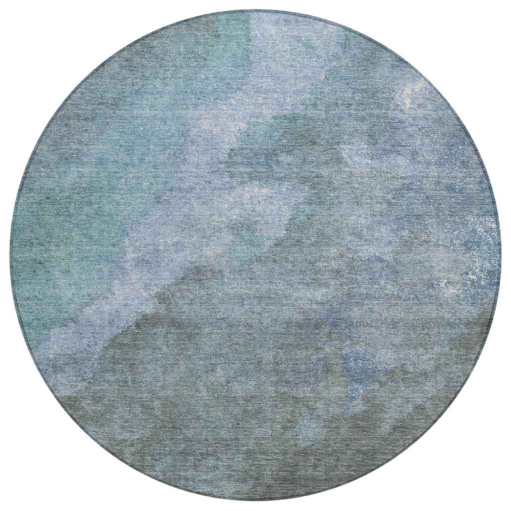 8' Blue And Gray Round Abstract Washable Indoor Outdoor Area Rug