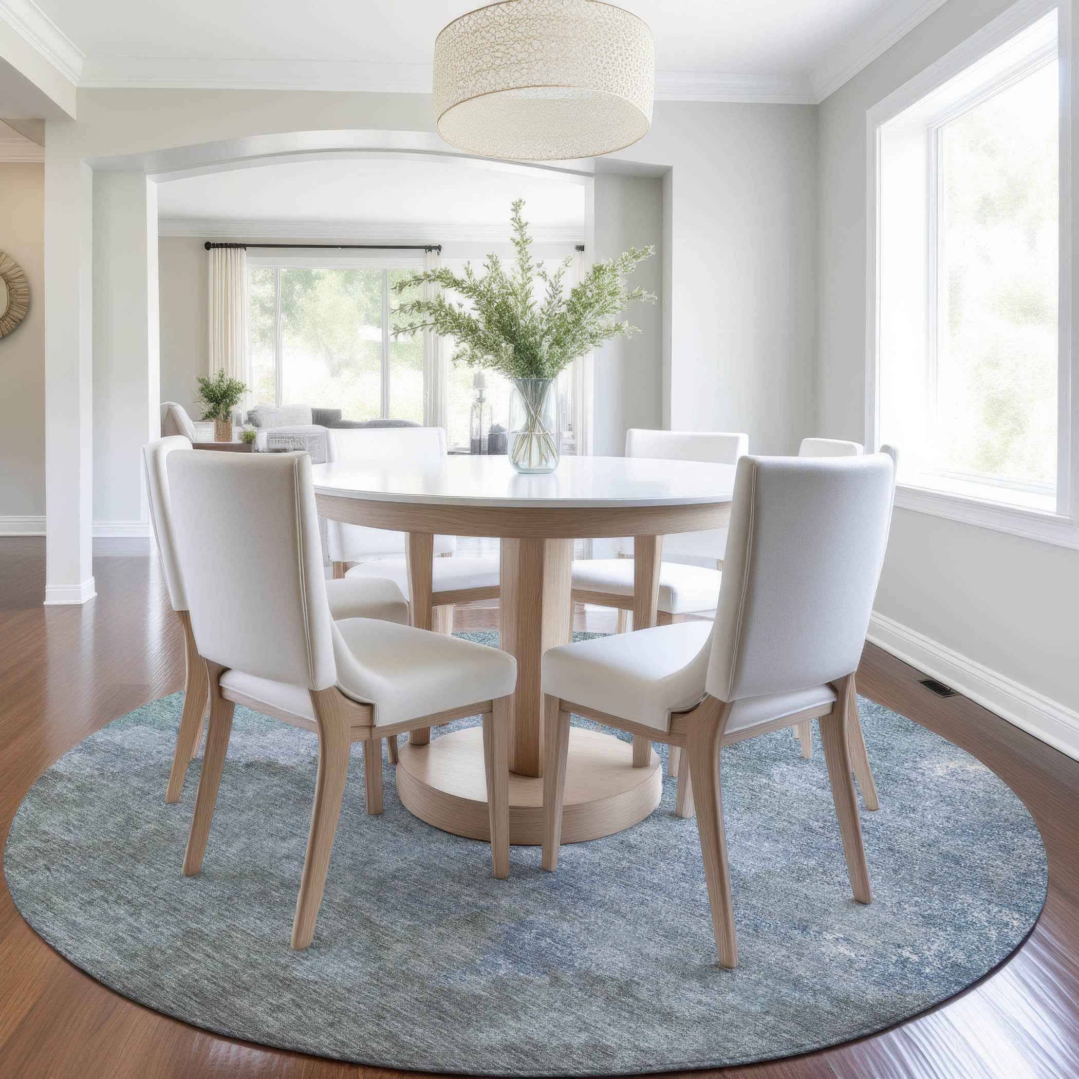 8' Blue And Gray Round Abstract Washable Indoor Outdoor Area Rug