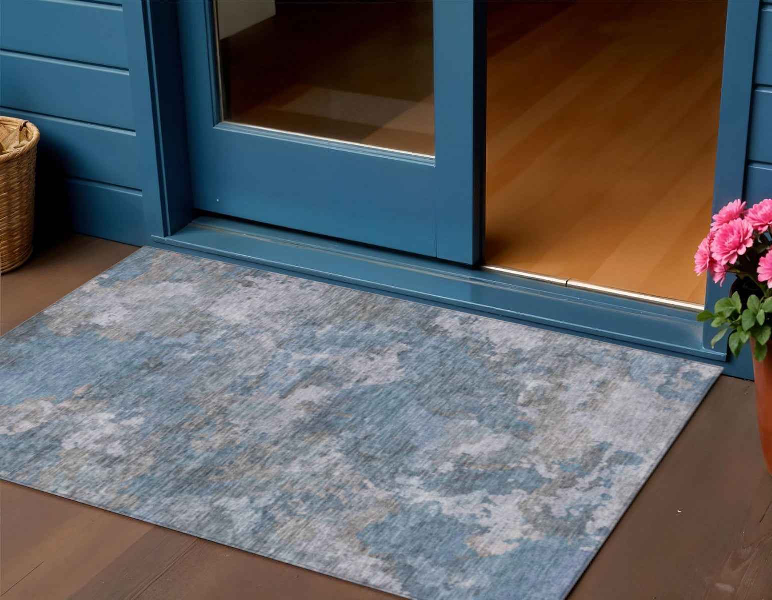 3' X 5' Denim Blue And Gray Abstract Washable Indoor Outdoor Area Rug